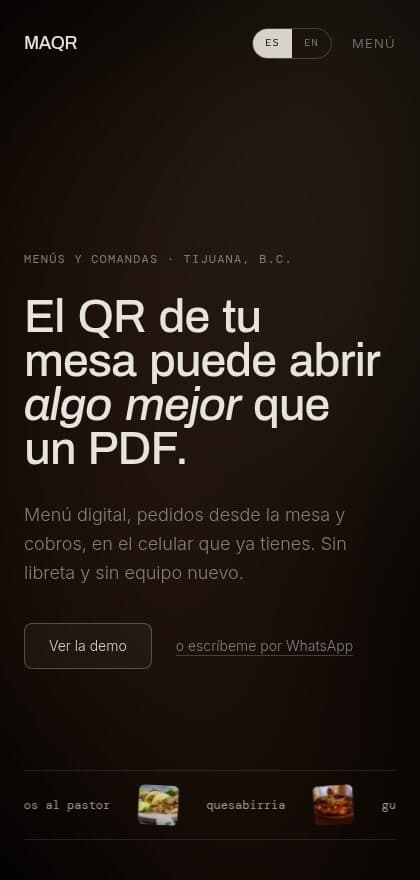 Un menú digital abierto en un teléfono, con los platillos y sus precios